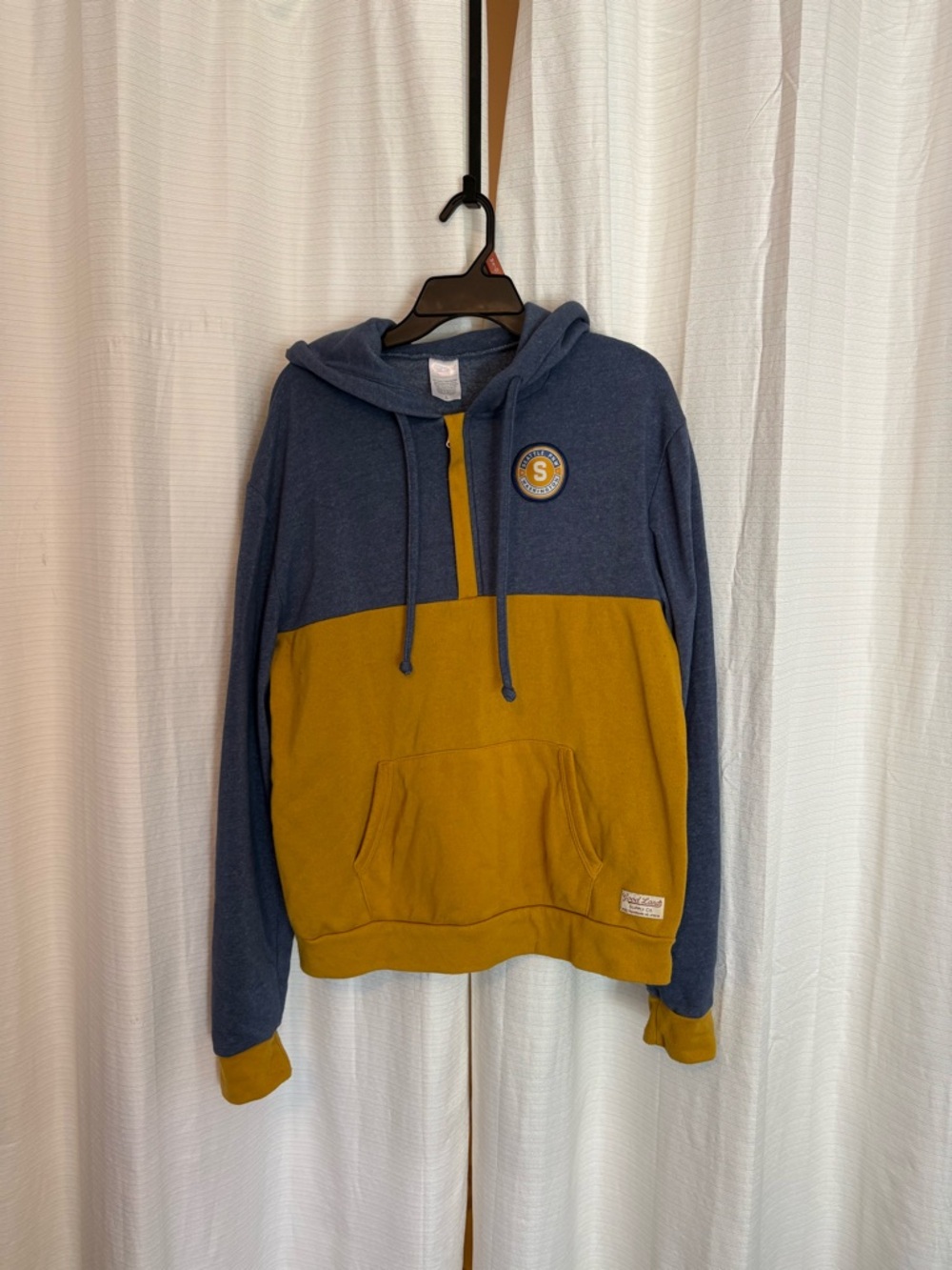 Seattle PNW-  Navy and Mustard Hooded Pullover